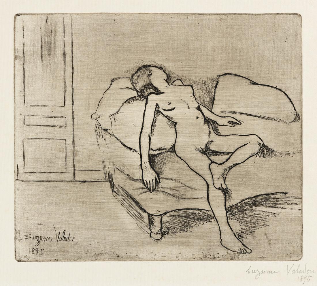 SUZANNE VALADON Louise Nue sur un Canapé.: SUZANNE VALADON Louise Nue sur un Canapé. Soft-ground etching, 1895. 250x285 mm; 9x11¼ inches, full margins. Signed and dated in pencil, lower right. A very good, richly-inked impression. P&