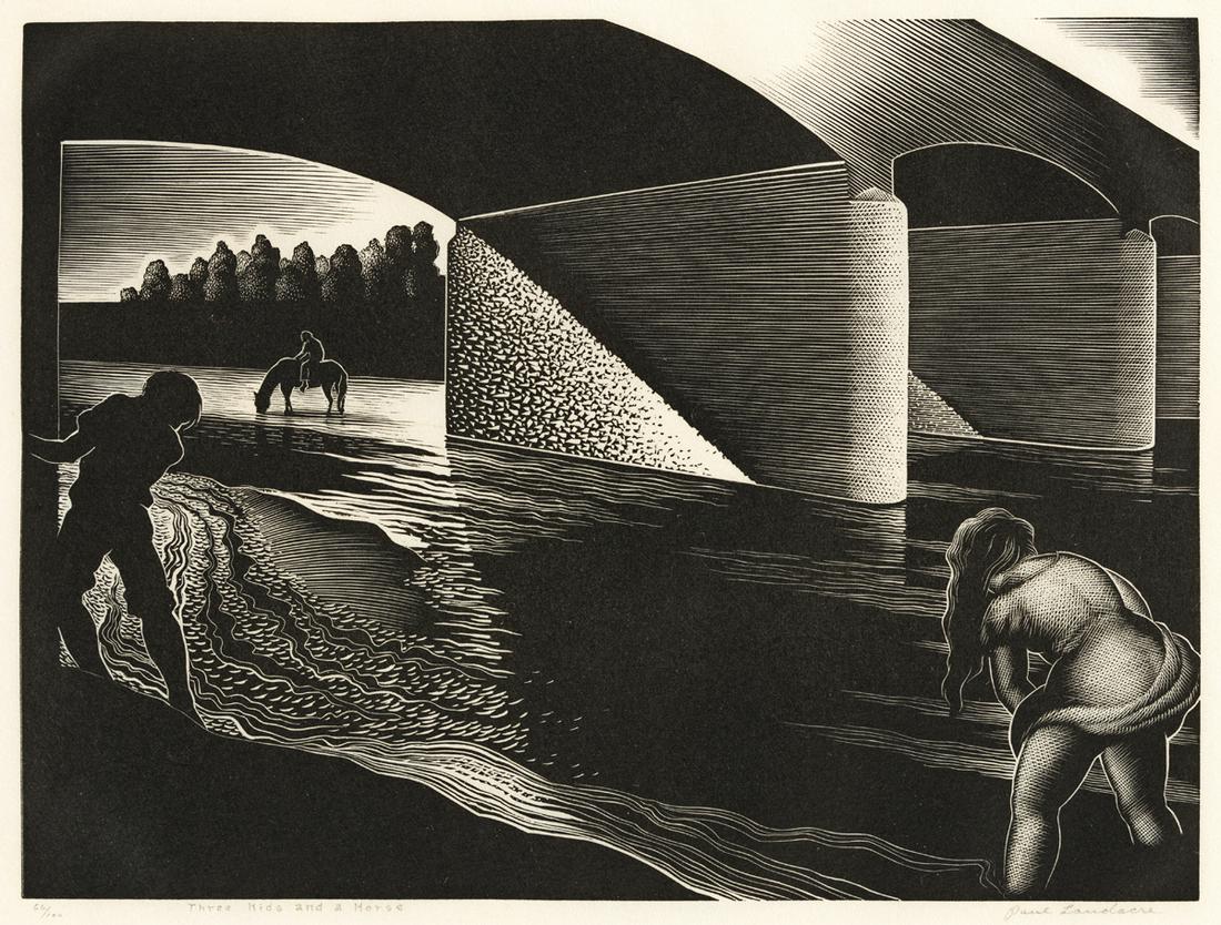 PAUL LANDACRE Three Kids and a Horse.: PAUL LANDACRE Three Kids and a Horse. Wood engraving, 1941. 190x256 mm; 7½x10 inches, full margins. Signed, titled and numbered 66/100 in pencil, lower margin. A very good impression. Wien 246.
