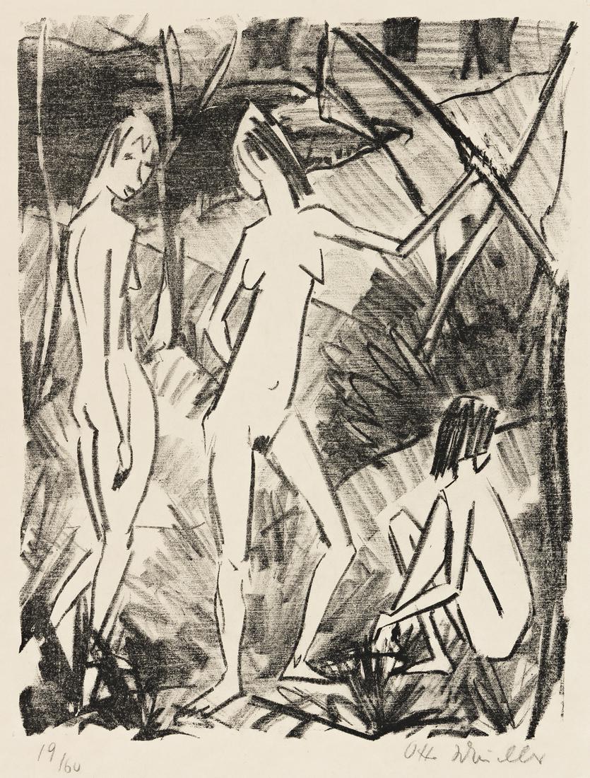 OTTO MUELLER Zwei stehende und ein sitzendes Mä: OTTO MUELLER Zwei stehende und ein sitzendes Mädchen. Lithograph on cream wove paper, 1922-25. 395x300 mm; 15x12 inches, full margins. Signed and numbered 19/60 in pencil, lower margin. A superb,