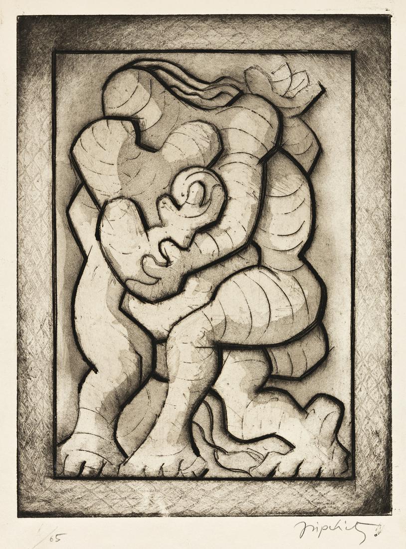 JACQUES LIPCHITZ Couple et Enfant.: JACQUES LIPCHITZ Couple et Enfant. Etching, engraving and aquatint, circa 1940. 300x224 mm; 11¾x8 inches, full margins. Edition of 85. Signed and numbered --/65 in pencil, lower margin (the first