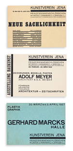 DEXEL, WALTER. Gerhard Marcks Halle, Neue Sachlichkeit: DEXEL, WALTER Gerhard Marcks Halle, Neue Sachlichkeit and Adolf Meyer. Kunstverein Jena, 1926 and 1927. Group of three, typographic, letterpress invitation cards, each approximately 4 1/8 x 5 3/4 inch