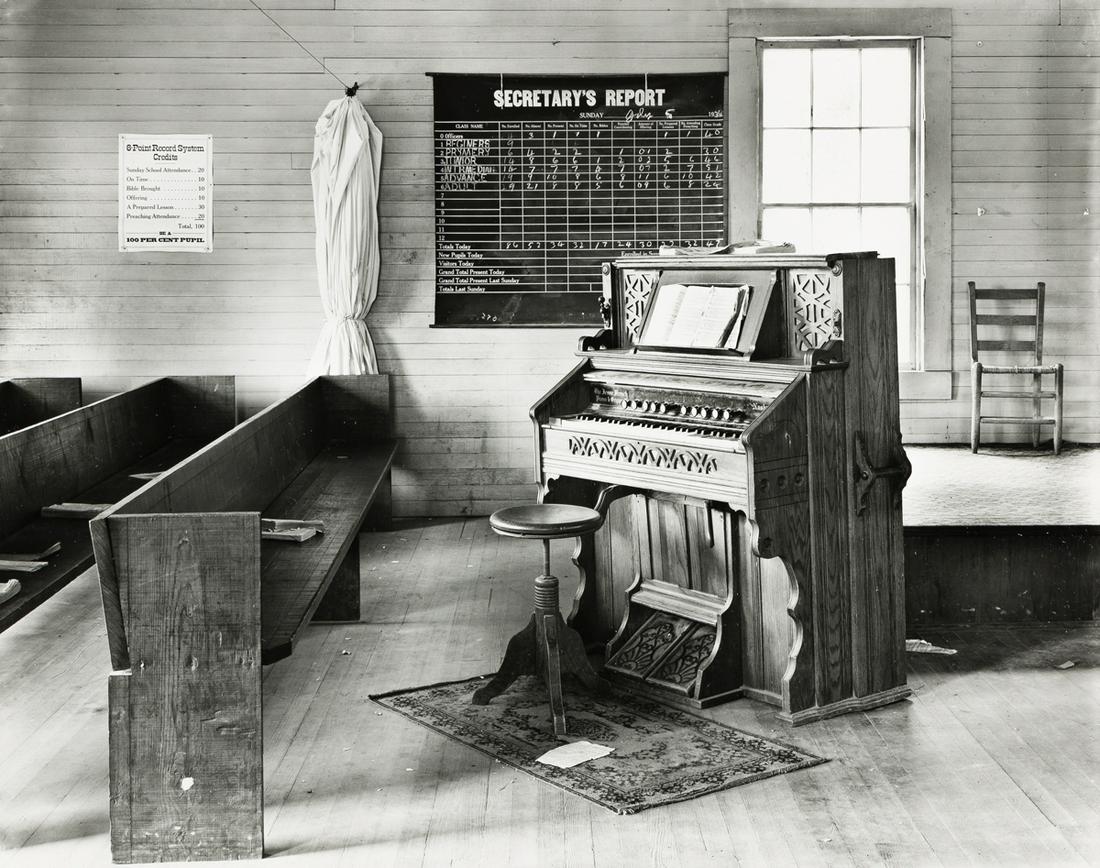 WALKER EVANS (1903-1975) Church Organ, Rural Alabama.: WALKER EVANS (1903-1975)Church Organ, Rural Alabama. Silver print, the image measuring 7 5/8x9 5/8 inches (19.4x24.4 cm.), the sheet slightly larger, with the Lunn Archive hand stamp with the notation