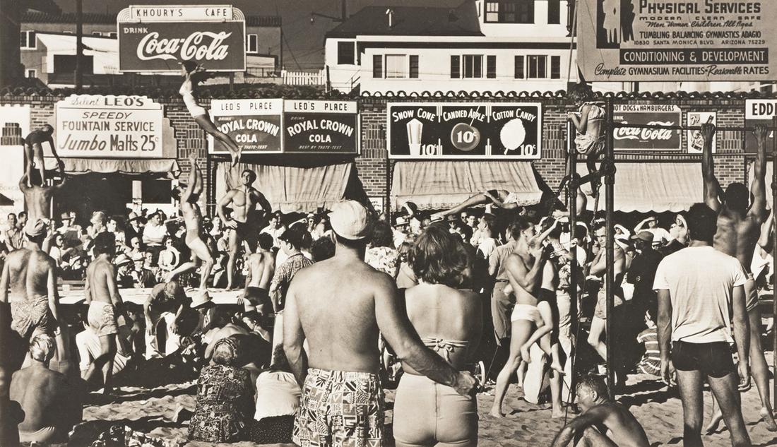 MAX YAVNO (1911-1985) Muscle Beach, Los Angeles.: MAX YAVNO (1911-1985) Muscle Beach, Los Angeles. Silver print, the image measuring 5¼x8 inches (13.3x22.5 cm.) , the mount 6½x10½ inches (16.5x26.7 cm.) , with Yavno's signature, in pen