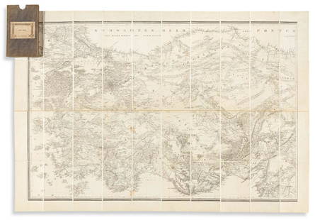 (AISA MINOR.): (AISA MINOR.) Large detailed topographic case map of Turkey and part of Syria. 31½x46¼ inches overall, dissected into 40 segments and mounted to original linen with printed advertisement