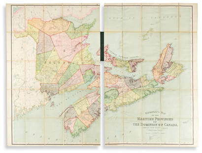 (CANADA.) George Philip & Son; after A.& W. Mackinlay.: (CANADA.) George Philip & Son; after A.& W. Mackinlay. Mackinlay's Map of the Maritime Provinces of the Dominion of Canada. Enormous color-lithographed case map of New Brunswick, Nova Scotia, and