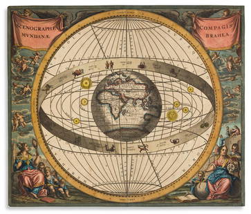 (CELESTIAL.) Cellarius, Andreas. Scenographia Compagis: (CELESTIAL.) Cellarius, Andreas. Scenographia Compagis Mundanae Brahea. Hand-colored double-page engraved chart of the Tychonic-model solar system with the large central globe positioned to show Earth