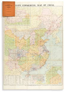 (CHINA.) George Philip & Son. Philips' Commercial Map: (CHINA.) George Philip & Son. Philips' Commercial Map of China. Massive color-lithographed map of China indicating shipping routes with a large symbol-keyed table of regional commodities at lower