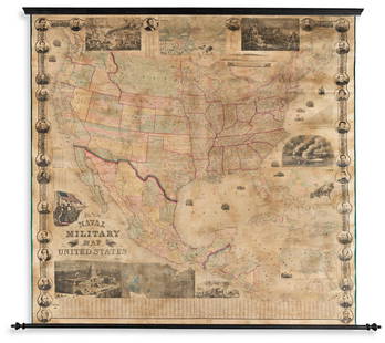 (CIVIL WAR.) Smith, J. Calvin. The New Naval and: (CIVIL WAR.) Smith, J. Calvin. The New Naval and Military Map of the United States. Large hand-colored engraved wall map on 4 sheets joined. 67x68 inches overall; black wooden rollers, backed on