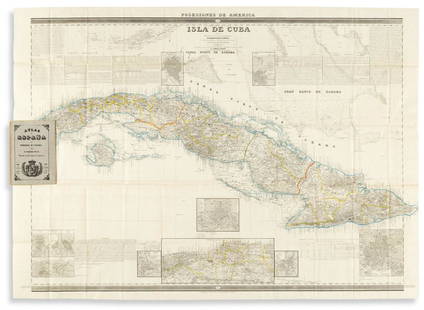 (CUBA.) Francisco Coello. Isla de Cuba.: (CUBA.) Francisco Coello. Isla de Cuba. Together two large engraved broadside maps with detailed inset plans, tables, and historical and statistical text panels. 31½x42½ inches each sheet