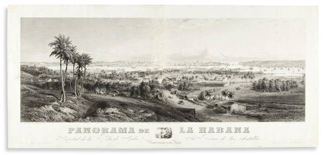 (CUBA.) G.B. Haase; and Edouard Willmann. Panorama de: (CUBA.) G.B. Haase; and Edouard Willmann. Panorama de la Habana, Capital de la Isla de Cuba, la Reina de las Antillas. Large engraved panoramic view of Havana. 20½x44½ inches sheet size,