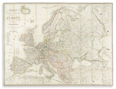 (EUROPE.) R.A. Shulz. Praktische Geschafts und: (EUROPE.) R.A. Shulz. Praktische Geschafts und Reisekarte Sammtlicher Staaten von Europa. Large hand-colored engraved traveler's case map of Europe. 38½x51 inches overall, dissected into 50