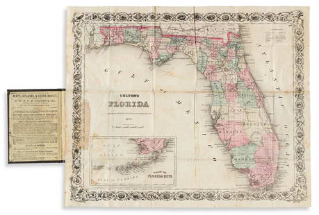 (FLORIDA.) G.W. & C.B. Colton. Colton's Florida.: (FLORIDA.) G.W. & C.B. Colton. Colton's Florida. Hand-colored lithographed pocket map of Florida with an inset of the Keys. 13½x16½ inches overall, folding into neatly repaired publisher's