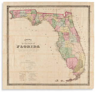 (FLORIDA.) Columbus Drew. Drew's New Map of the State: (FLORIDA.) Columbus Drew. Drew's New Map of the State of Florida. Large lithographed map of Florida with fine original hand-color by county. 26¾x28 inches sheet size, wide margins; light foxing