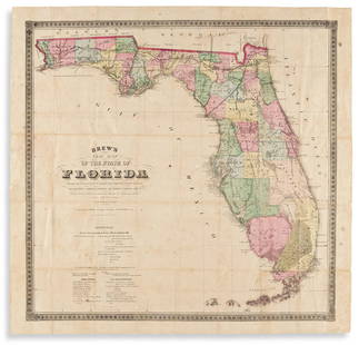 (FLORIDA.) Columbus Drew. Drew's New Map of the State: (FLORIDA.) Columbus Drew. Drew's New Map of the State of Florida. Large lithographed map of Florida with fine original hand-color by county. 26¾x28 inches sheet size, wide margins; light foxing