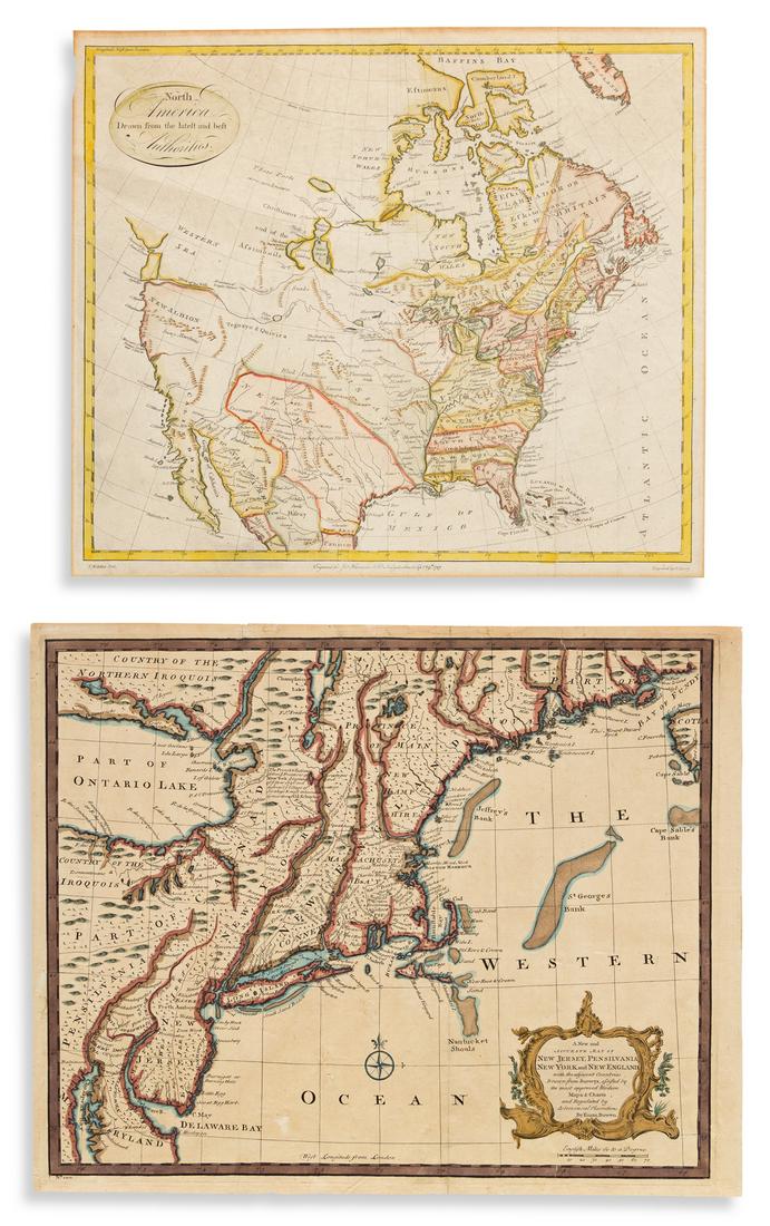 (NORTH AMERICA.) Two hand-colored engraved maps.: (NORTH AMERICA.) Two hand-colored engraved maps. Vp, vd *Bowen, Emanuel. A New and Accurate Map of New Jersey, Pensilvania, New York, and New England. 14½x18 inches sheet size, ample margins; sca