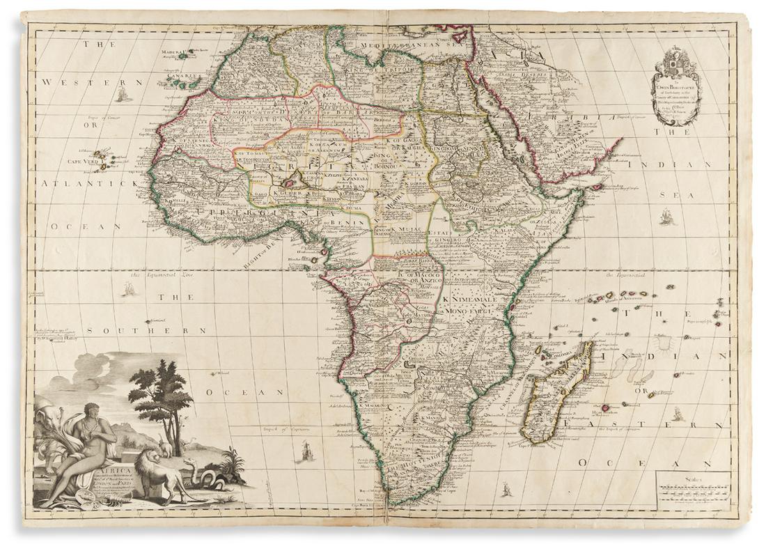 PRICE, CHARLES; and JOHN SENEX. Africa Corrected from: PRICE, CHARLES; and JOHN SENEX. Africa Corrected from Observations of Mess. of ye Royal Societies at London and Paris. Large engraved map of Africa with a fine provincial title cartouche on two sheets