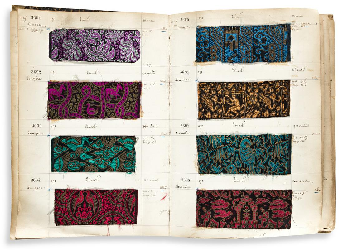 (TEXTILE SAMPLES.) Ancienne Tapeterie E. Nicolas/A.: (TEXTILE SAMPLES.) Ancienne Tapeterie E. Nicolas/A. Bordet. [Patrons]. Over 400 3x7-inch French manufacturers fabric swatches tipped to annotated album leaves. Folio format, 18½x12 inches, worn m
