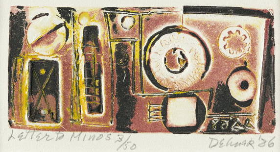 DOROTHY DEHNER Letter to Minos.: DOROTHY DEHNER Letter to Minos. Color etching, aquatint and embossing on cream wove paper, 1986. 60x125 mm; 2x4 inches, full margins. Signed, dated, titled and numbered 3/50 in pencil, lower margin. A