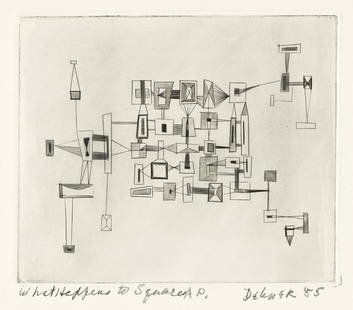 DOROTHY DEHNER What Happens to Squares.: DOROTHY DEHNER What Happens to Squares. Engraving and roulette on Rives, circa 1952-53. 126x150 mm; 5x6¼ inches, full margins. Artist's proof, aside from the edition of 35. Signed, titled, dated