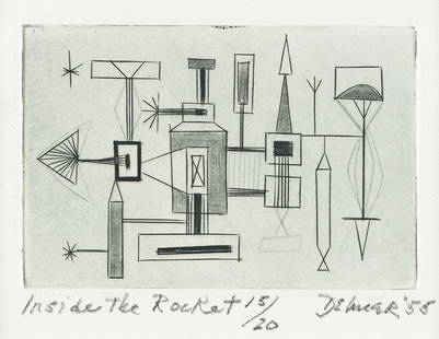 DOROTHY DEHNER Inside the Rocket.: DOROTHY DEHNER Inside the Rocket. Etching on cream wove paper, 1955. 50x75 mm; 2x3 inches, full margins. Signed, dated, titled and numbered 15/20 in pencil, lower margin. Printed at Atelier 17, New