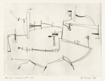 DOROTHY DEHNER New York Landscape.: DOROTHY DEHNER New York Landscape. Etching on Rives, circa 1955. 225x302 mm; 8x11 inches, full margins. Artist's proof, aside from the edition of 50. Signed, titled, dated "'59" and inscribed "A.P." i