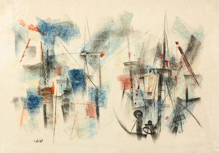 JOHN VON WICHT Haven (Harbor).: JOHN VON WICHT Haven (Harbor). Color crayons, pastels, watercolor and gouache on thin cream Japan paper, circa 1945-50. 625x885 mm; 24¾x35 inches. Signed in black crayon, lower left recto, and