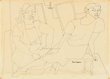 LOUISE NEVELSON Two Seated Women.: LOUISE NEVELSON Two Seated Women. Pen and ink on thin wove tracing paper, circa 1930. 213x293 mm; 8x11 inches. Signed in ink, lower right recto.Ex-collection Albert Argentieri, New Jersey, friend