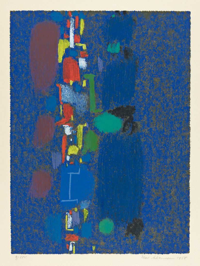MAX ACKERMANN Glückliche Zeichen.: MAX ACKERMANN Glückliche Zeichen. Color screenprint on heavy cream wove paper, 1958. 485x360 mm; 19¼x14¼ inches, full margins. Signed, dated and numbered 9/100 in pencil, lower margin.