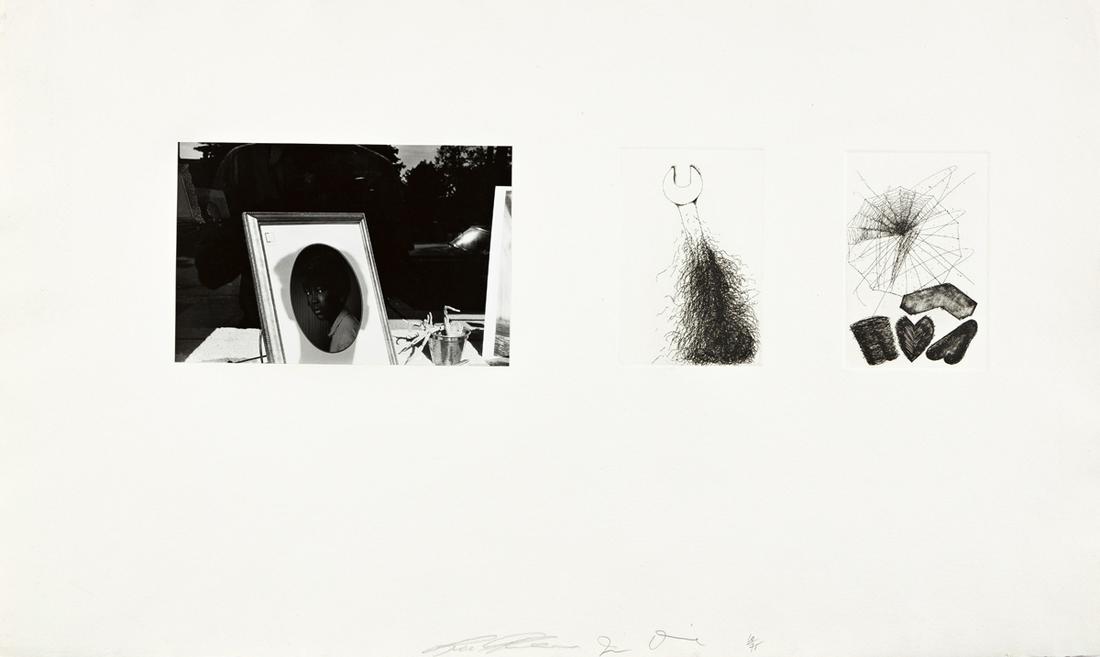 JIM DINE and LEE FRIEDLANDER Photographs and Etchings: JIM DINE and LEE FRIEDLANDERPhotographs and Etchings XIII.Silver print photograph by Friedlander and etching by Dine on a single sheet of Hodgkinson handmade Waterleaf paper, 1969. 455x755 mm; 18x29&#