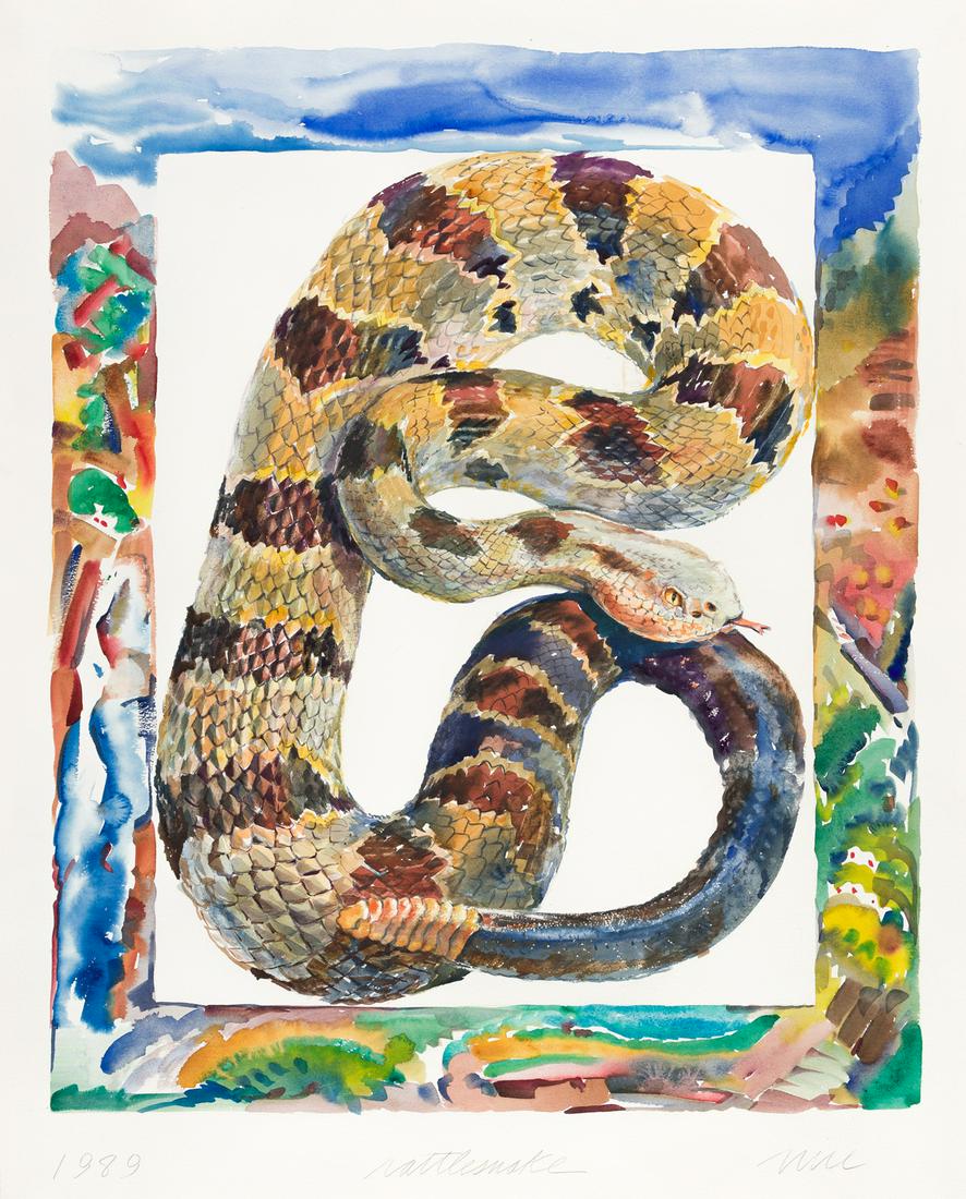 DON NICE Two watercolors on paper.: DON NICE Two watercolors on paper. Rattlesnake, 1989. 870x695 mm; 34¼x27 inches. Signed, titled and dated in pencil, recto * Rabbit, 1997. 610x505 mm;24x19¾ inches. Signed and dated in penci