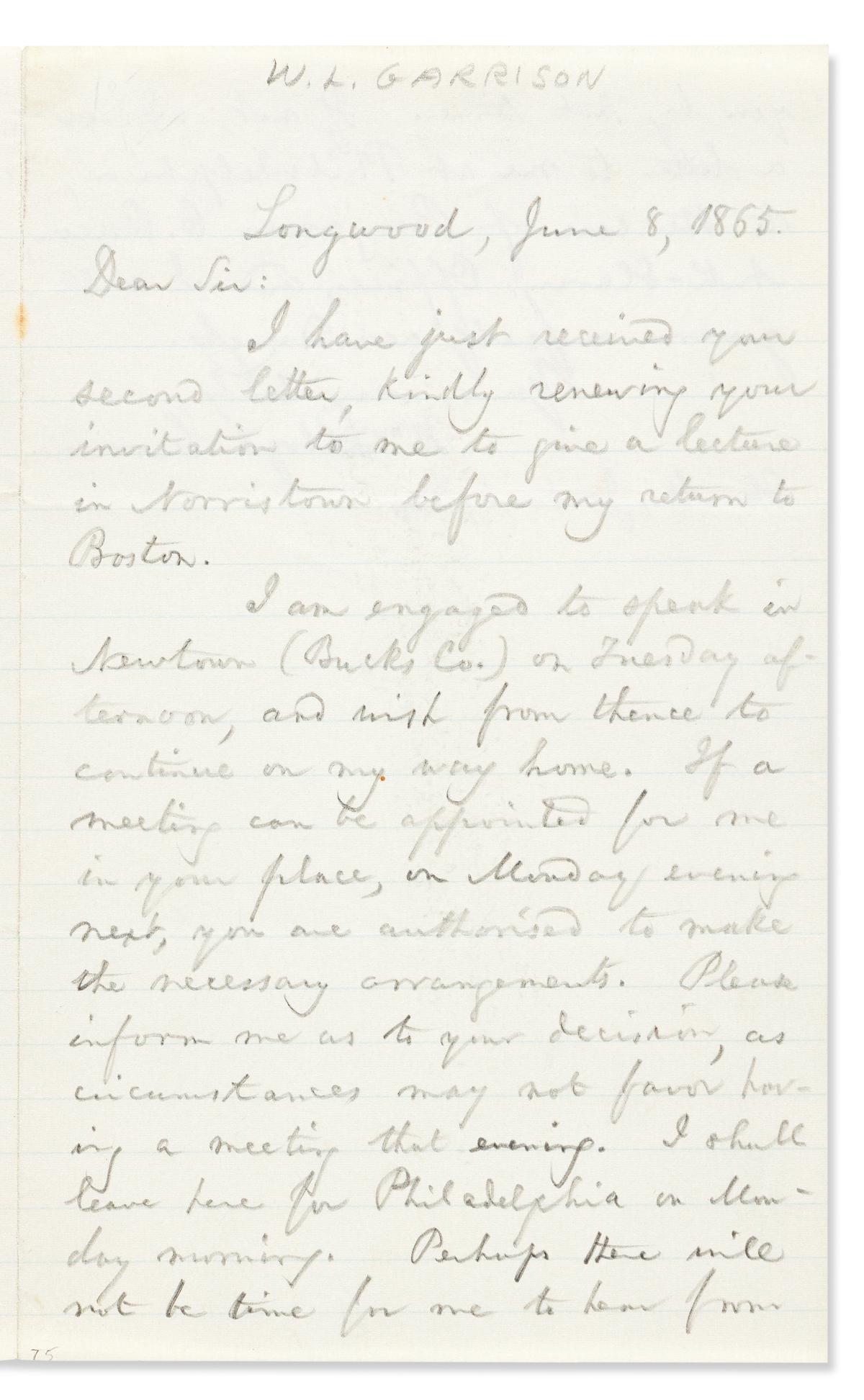 (CIVIL WAR.) GARRISON, WILLIAM LLOYD. Autograph Letter (1 of 2)