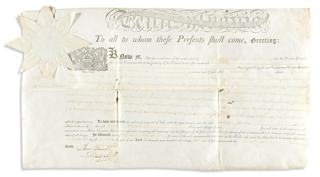 MIFFLIN, THOMAS. Partly-printed vellum Document Signed,: DEED TO ROBERT MORRIS MIFFLIN, THOMAS. Partly-printed vellum Document Signed, "Tho Mifflin," as Governor, land deed transferring a tract in Luzerne County, PA, to Robert Morris. Countersigned by Deput