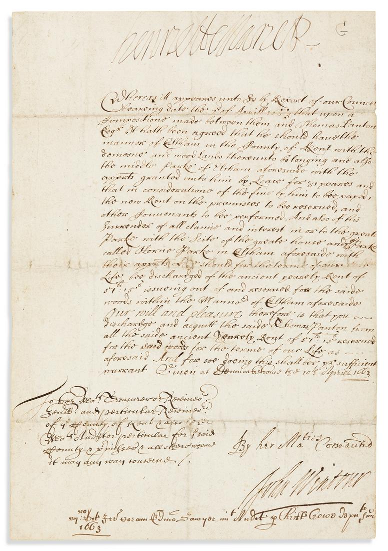 HENRIETTA MARIA; QUEEN OF CHARLES I OF ENGLAND.: HENRIETTA MARIA; QUEEN OF CHARLES I OF ENGLAND. Document Signed, "HenriettaMariaR," granting the manor of Eltham in Kent [Eltham Palace] to Thomas Panton. Countersigned by her secretary John Wintour. 