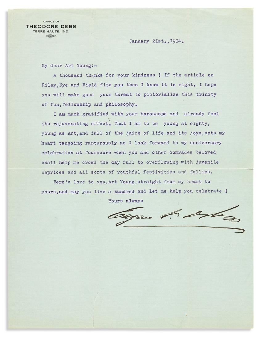 (LABOR.) DEBS, EUGENE V. Typed Letter Signed, to: (LABOR.) DEBS, EUGENE V. Typed Letter Signed, to cartoonist Art Young, expressing hope that he would illustrate an article by Debs, and looking forward to celebrating his 80th birthday. ¾ page, 4