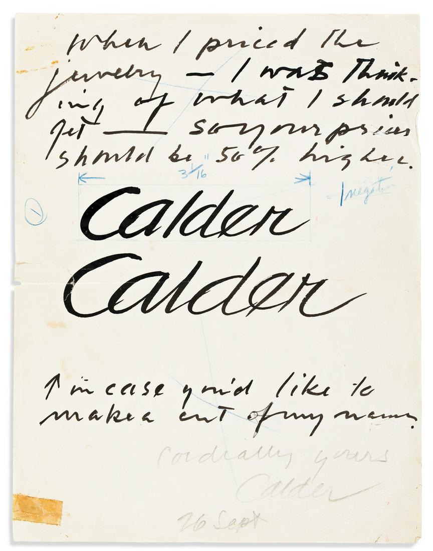 CALDER, ALEXANDER. Autograph Note Signed, "Calder," (1 of 1)