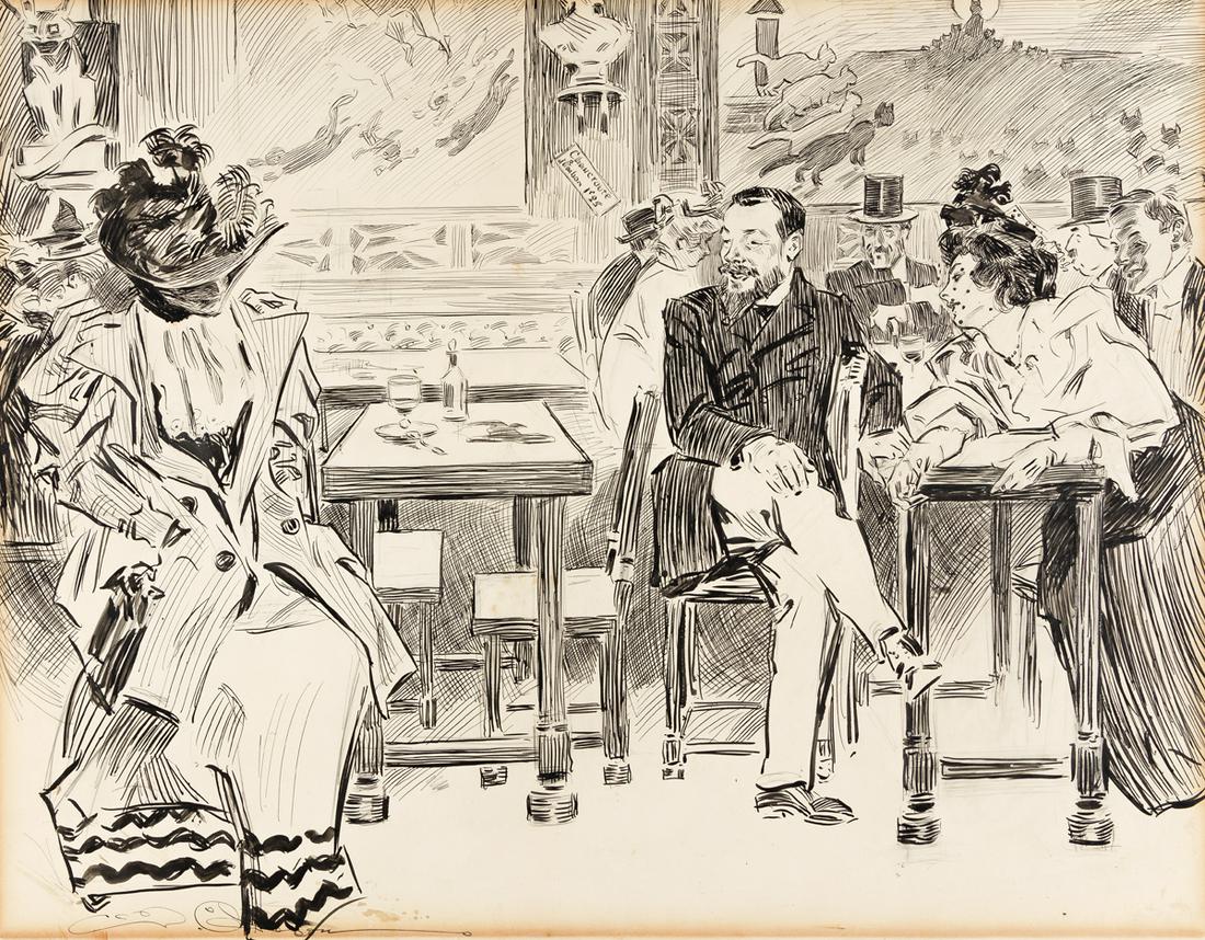 CHARLES DANA GIBSON (1867-1944) "At the Black Cat.": CHARLES DANA GIBSON (1867-1944) "At the Black Cat." Illustration for About Paris by Richard Harding Davis (New Yorker: Harper & Brothers, 1895), page 71. Subsequently reproduced in Pictures of People