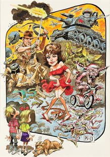 JACK DAVIS (1924-2016) "PG-13." [CARTOONS]: JACK DAVIS (1924-2016) "PG-13." Original theater poster to promote the introduction of the new movie rating, circa 1980s. Mixed media, including pen, ink, watercolor, and crayon over graphite on board
