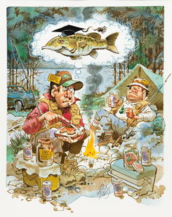 JACK DAVIS (1924-2016) "World's Smartest Fish.": JACK DAVIS (1924-2016) "World's Smartest Fish." Probable interior illustration for Field & Stream magazine, circa 1980s. Mixed media, including pen, ink, watercolor, and crayon over graphite on thin b