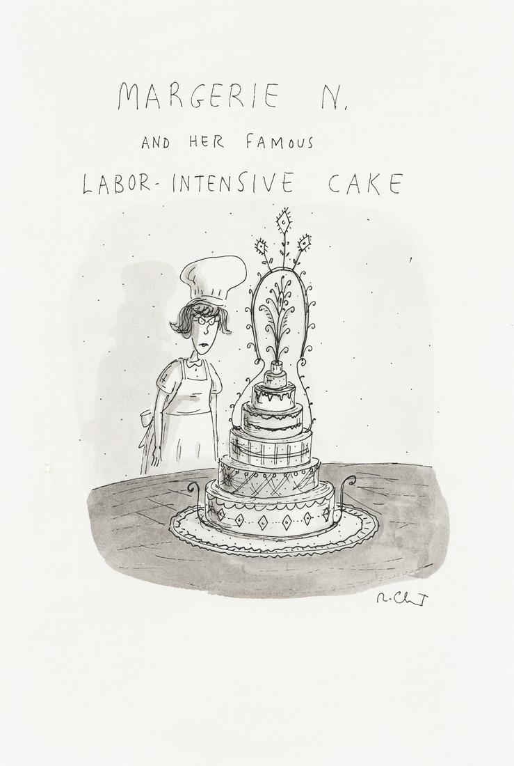 ROZ CHAST (1955- ) "Margerie N. and her famous: ROZ CHAST (1955- ) "Margerie N. and her famous labor-intensive cake." Cartoon for unknown publication, possibly The New Yorker. Pen, ink, and wash on paper. 150x115 mm; 6x4½ inches, on 11¾x8