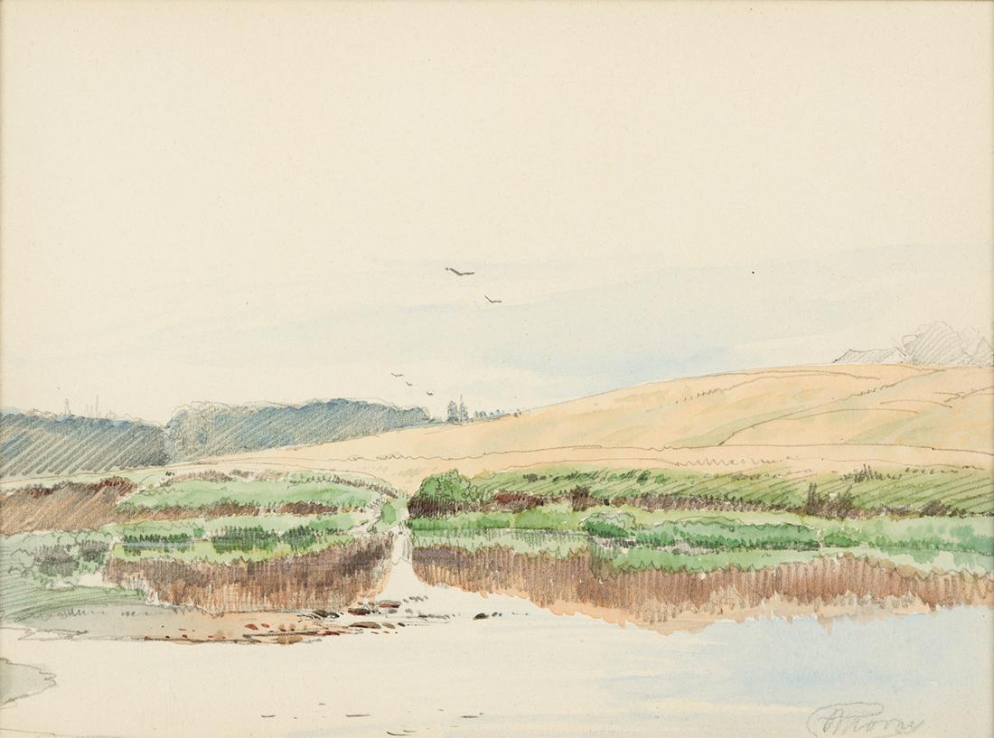 PETER MORAN Marsh View, East End, Long Island.: PETER MORAN Marsh View, East End, Long Island. Watercolor and pencil on cream wove paper, circa 1886. 230x303 mm; 9x11 inches. Signed in pencil, lower right recto.Ex-collection private collection, New