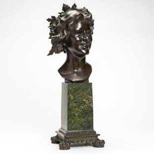 EVELYN BEATRICE LONGMAN Peggy.: EVELYN BEATRICE LONGMAN Peggy. Bronze sculpture, with marble and bronze base, 1912. 685 mm; 27 inches (height, excluding base). With the artist's incised signature on the inside of the right shoulder.