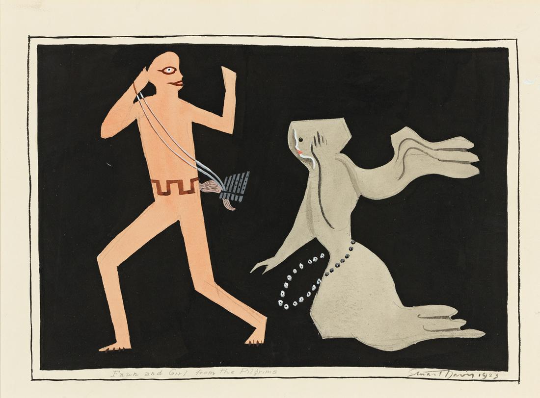 STUART DAVIS Faun and Girl from The Puritans.: STUART DAVIS Faun and Girl from The Puritans. Gouache, pencil and ink on paper, 1923. 470x600 mm; 18½x23 inches. Signed and dated in gouache and titled "Faun and Girl from the Pilgrims" in pencil