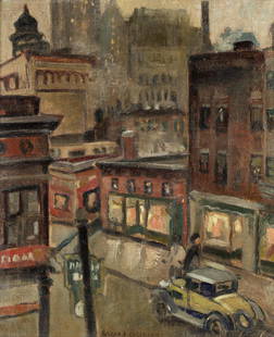 GLENN O. COLEMAN Street Scene, Lower Manhattan.: GLENN O. COLEMAN Street Scene, Lower Manhattan. Oil on canvas, circa 1935. 465x384 mm; 18½x15¼ inches. Signed in oil, lower center recto.Ex-collection, private collection, Chicago.