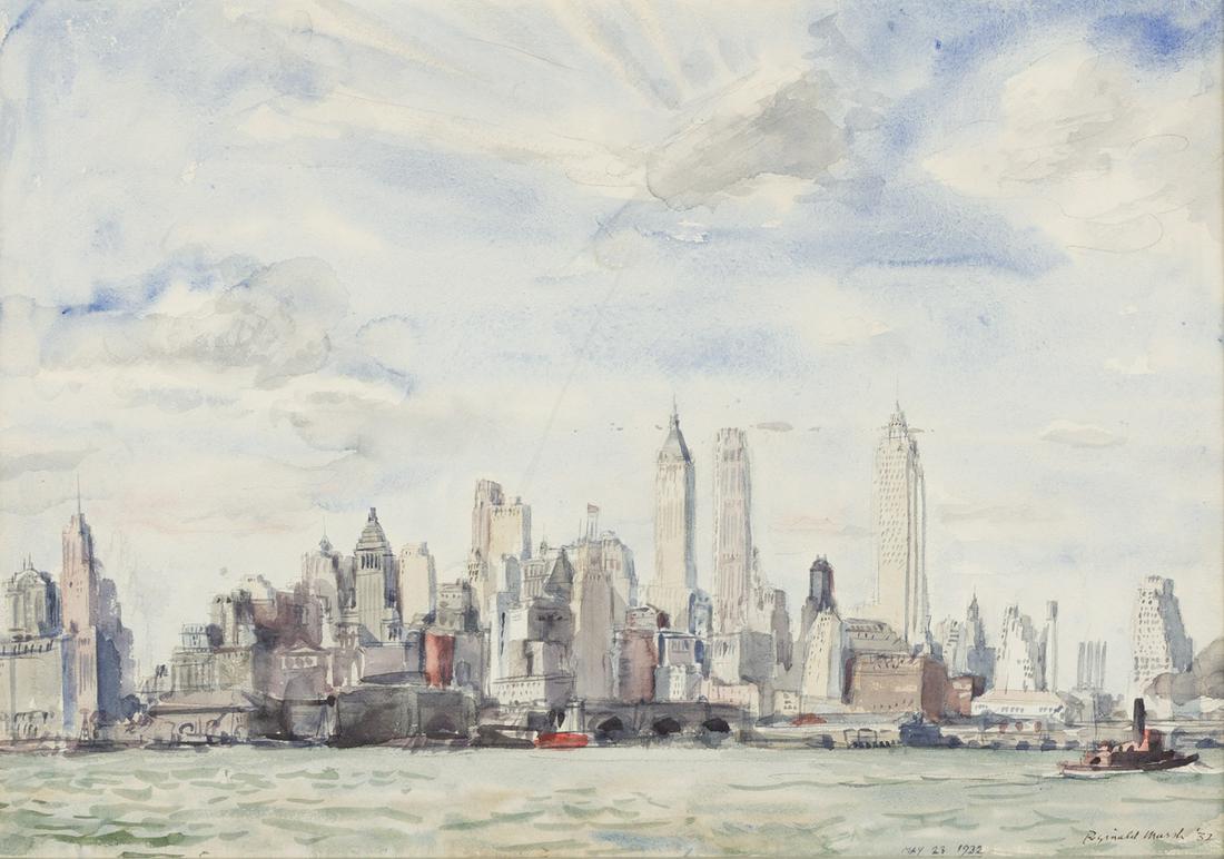REGINALD MARSH Lower Manhattan Skyline.: REGINALD MARSH Lower Manhattan Skyline. Watercolor on wove paper, 1932. 349x502 mm; 13¾x 19¾ inches. Signed and dated "May 23 1932" in watercolor, lower right recto. Exhibited "The City as a