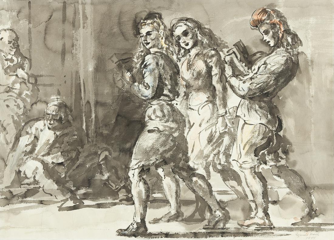 REGINALD MARSH Three Women Walking * Two Women Walking.: REGINALD MARSH Three Women Walking * Two Women Walking. Brush and ink and wash with watercolor on paper, double-sided, 1944. 545x760 mm; 21½x30 inches. Signed and dated in pencil or ink, lower ri