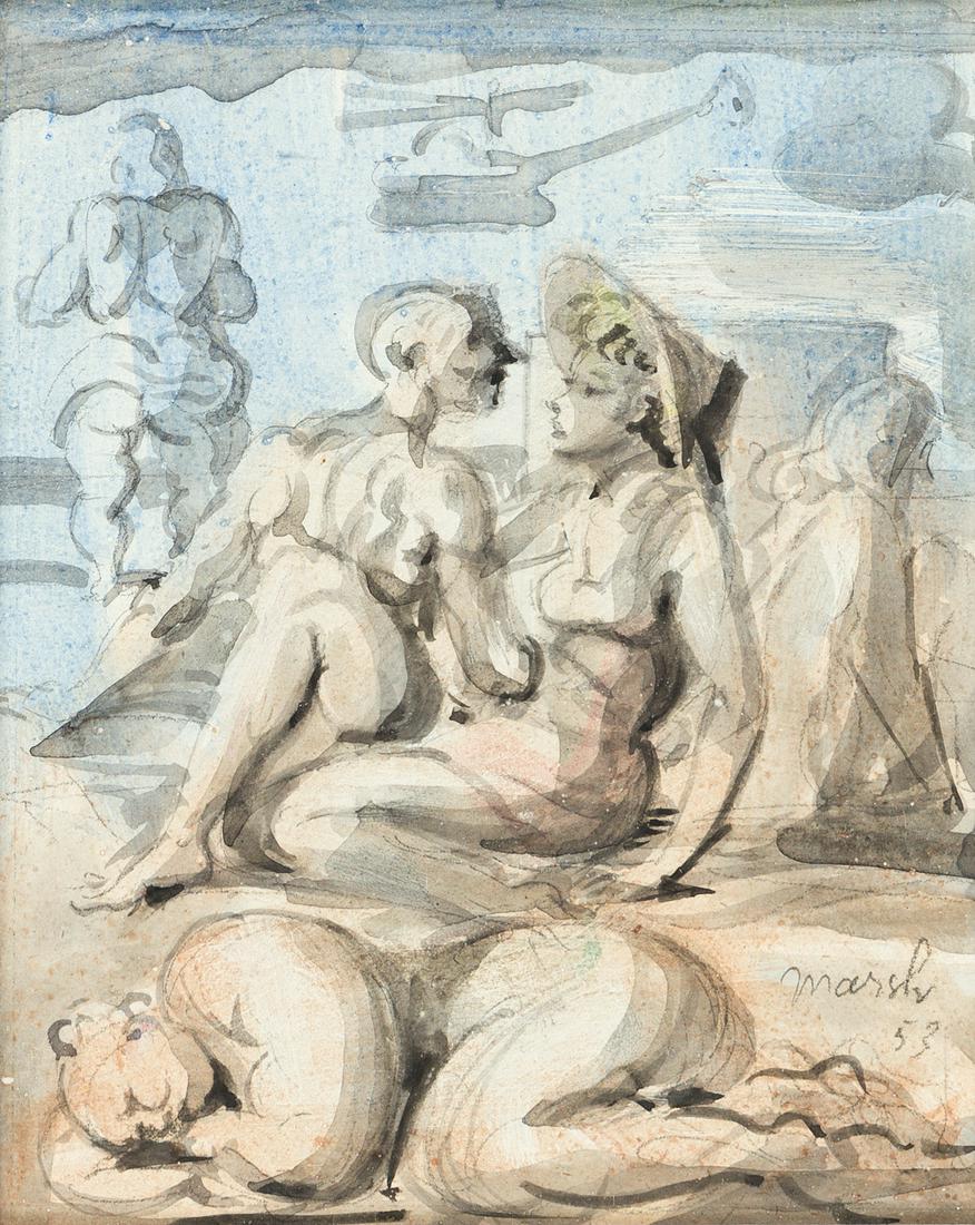 REGINALD MARSH Two watercolor beach scenes.: REGINALD MARSH Two watercolor beach scenes. Both watercolor on board, 1953. Both 125x102 mm; 4x4 inches. Both signed and dated in watercolor or pencil, lower right recto. Both acquired directly from t