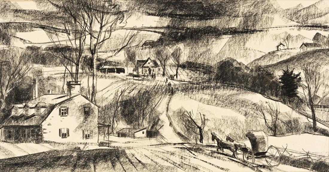 HARRY LEITH-ROSS Two conté crayon drawings.: HARRY LEITH-ROSS Two conté crayon drawings. Sketch for Mural II (Amish Country). 207x355 mm; 8¼x14inches * Sketch for Mural III (Miners). 133x305 mm; 5¼x12 inches. Both ex-collection pr