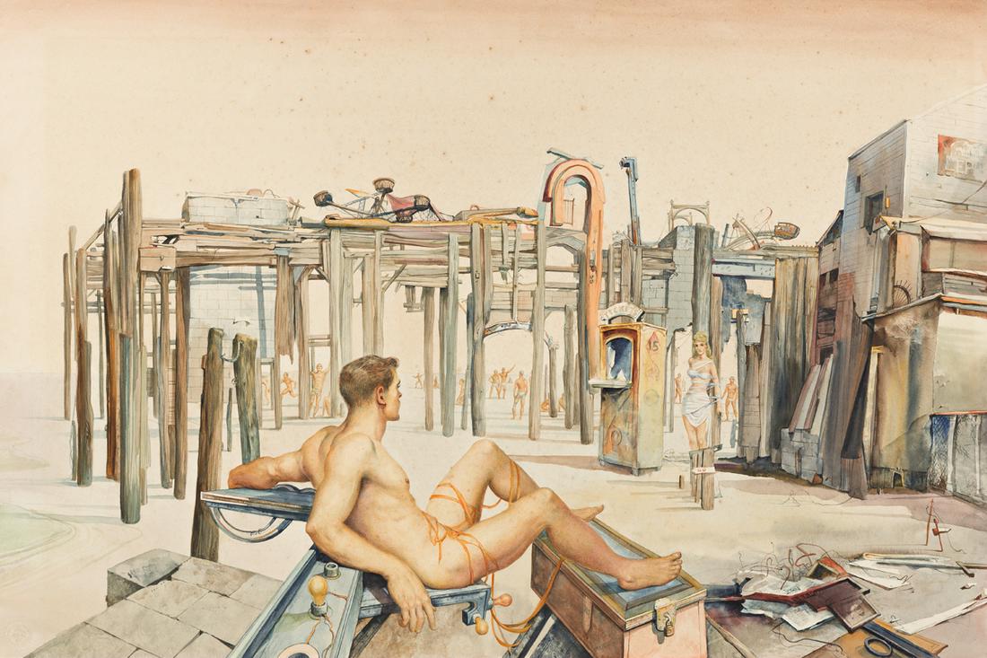 JOHN B. LEAR Contemplation Under the Pier.: JOHN B. LEAR Contemplation Under the Pier. Watercolor on illustration board, circa 1960. 510x760 mm; 20x29 inches. Signed in watercolor, lower right recto. Ex-collection private collection, New Jersey