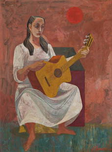 ANTON REFREGIER Seated Woman with a Guitar.: ANTON REFREGIER Seated Woman with a Guitar. Oil and gouache on Masonite, 1953. 1022x763 mm; 40&#188;x30&#188; inches. Signed and dated in oil, lower right recto.Ex-collection private collection, Chica