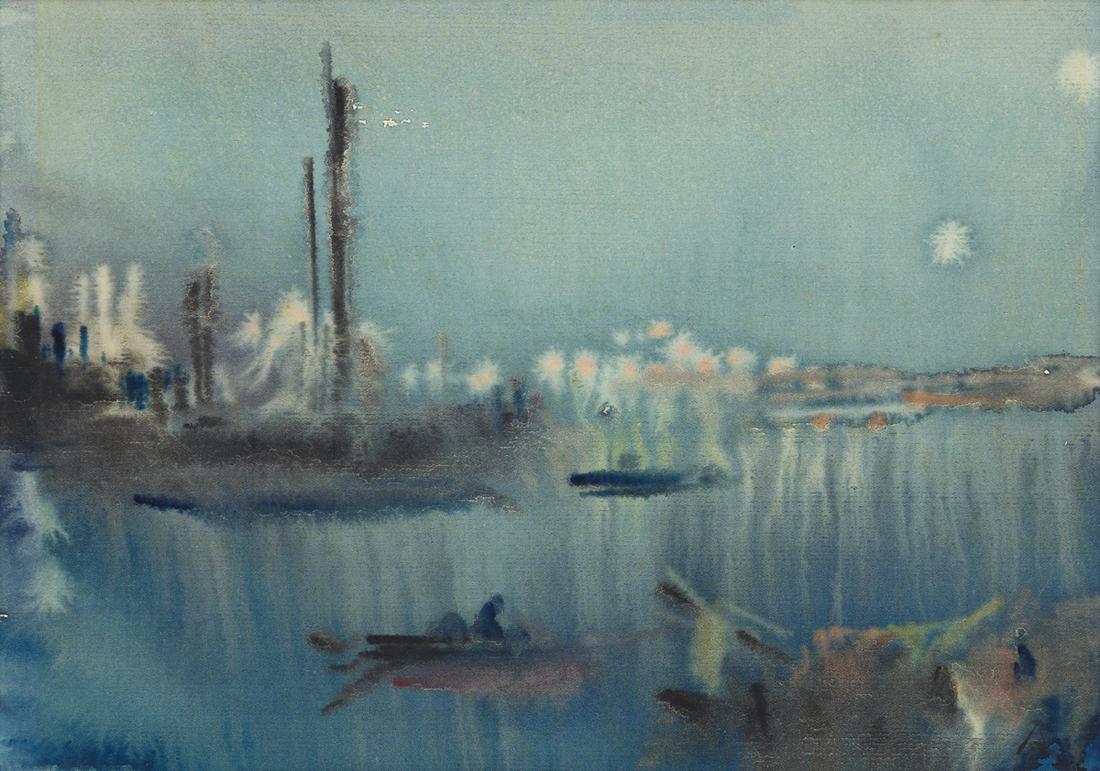 CHEN CHI Nocturne on the Whangpoo.: CHEN CHI Nocturne on the Whangpoo. Watercolor on cream wove paper. 240x320 mm; 9½x12½ inches. Signed in watercolor, lower right recto.Ex-collection Kleemann Galleries, New York, with the lab